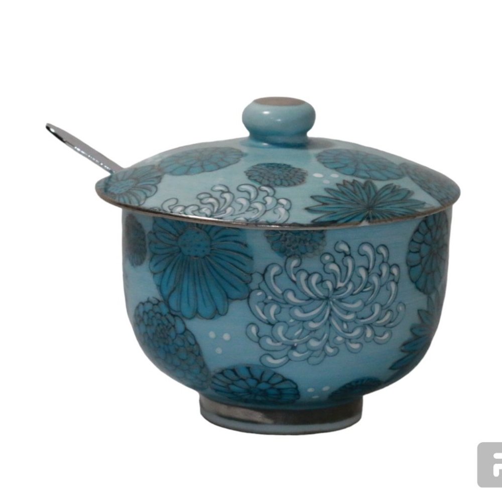 Vintage KUTANI Porcelain Blue Mustard Pot Chrysanthemum Mid Century Japanese Jar